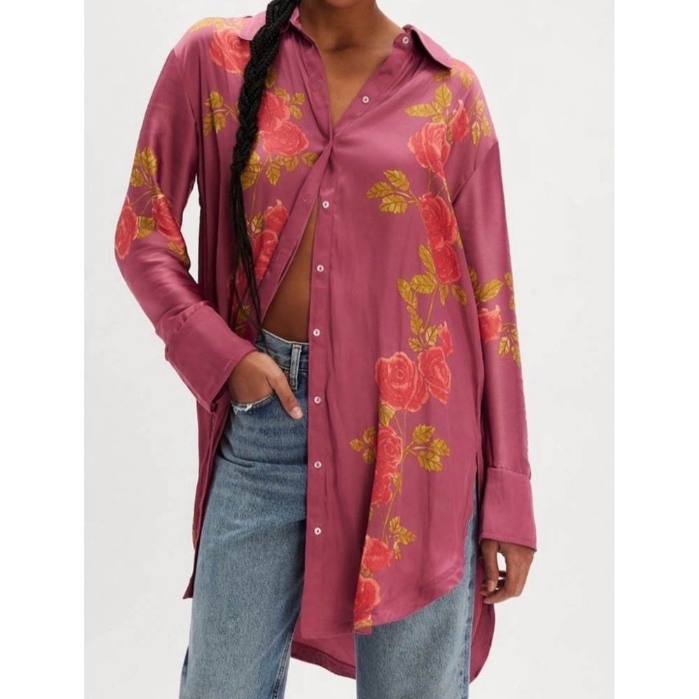 Free People Off The Vine Satin Tunic Dress Blouse Medium Plum Floral Boho